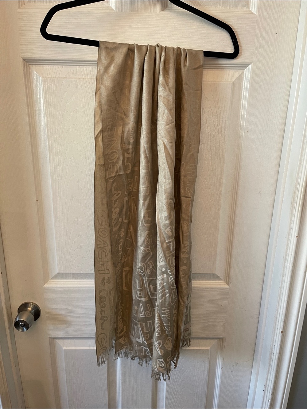 Coach Taupe Logo Jacquard Fringe Scarf